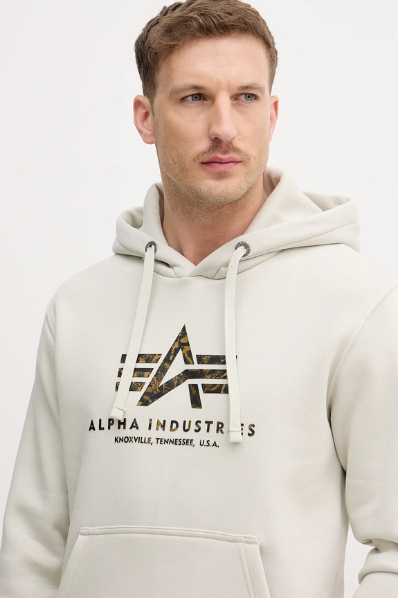 Pulover Alpha Industries Basic Hoodie BL Effect Print bež 178312EP