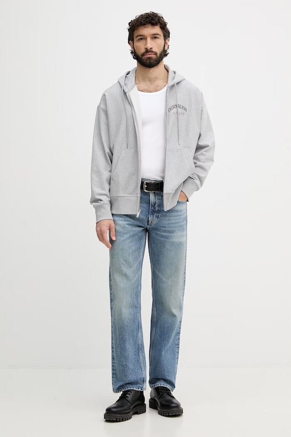 Calvin Klein Jeans mikina na zips s kapucňou dámska s bavlnou LV04RF245G sivá SS26