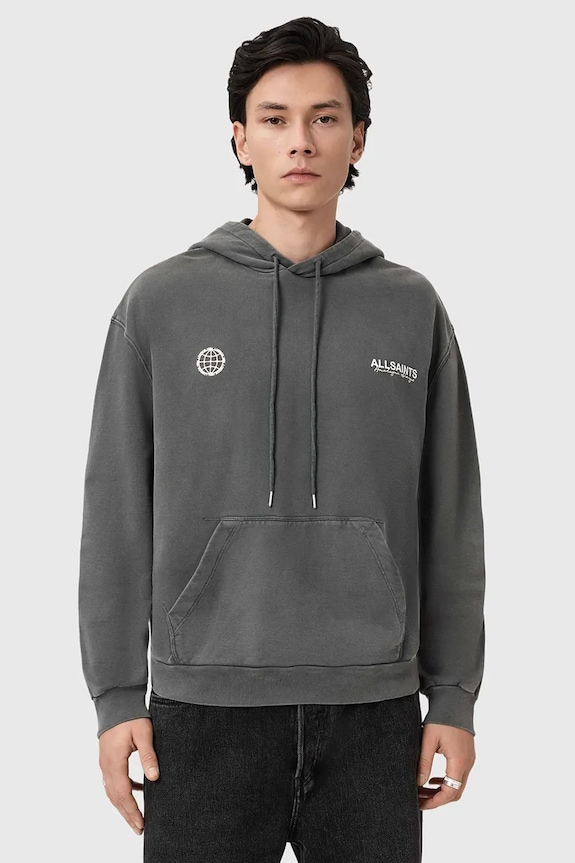 AllSaints Mikina s kapucňou pánska bavlnená EMBLEM sivá M007NE