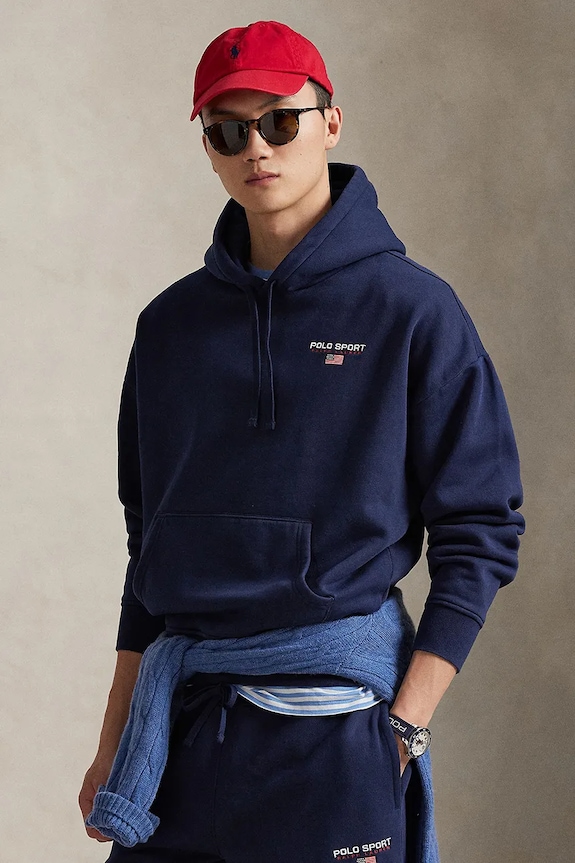 Pulover z bombažem Polo Ralph Lauren S kapuco mornarsko modra 710B14761