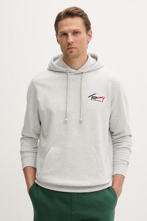 Tommy Jeans pulover s kapuco moški bombažen siva DM0DM22680