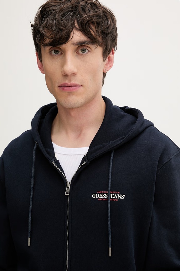 Guess Jeans кофта, яка розстібається, з капюшоном чоловіча бавовняна темно-синій M6RQ38.KCPR1