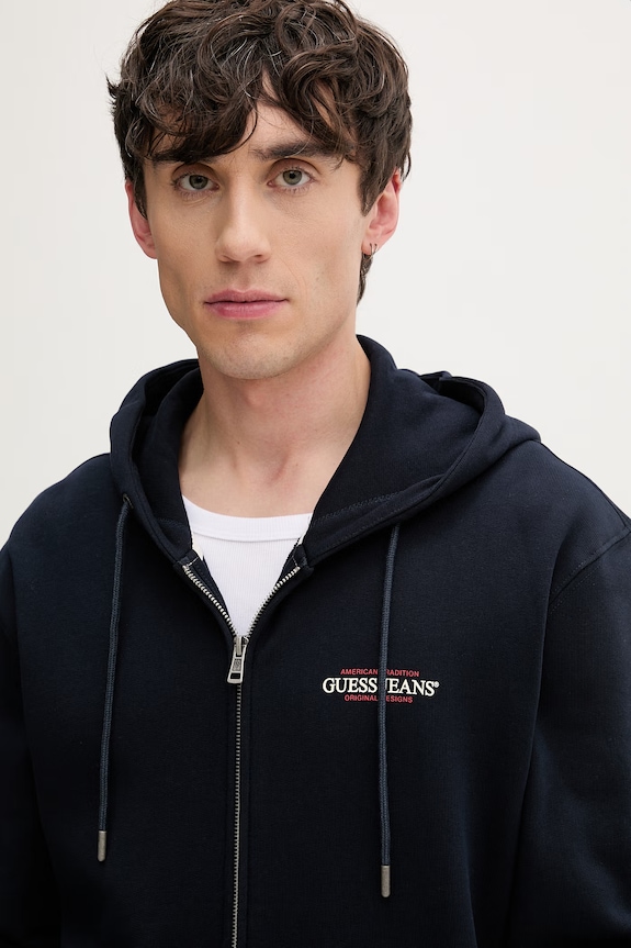 Guess Jeans кофта, яка розстібається, з капюшоном чоловіча бавовняна темно-синій M6RQ38.KCPR1