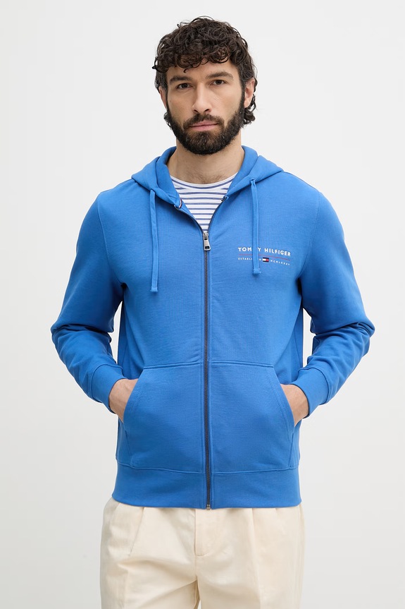 Tommy Hilfiger mikina na zips s kapucňou pánska bavlnená modrá MW0MW42462