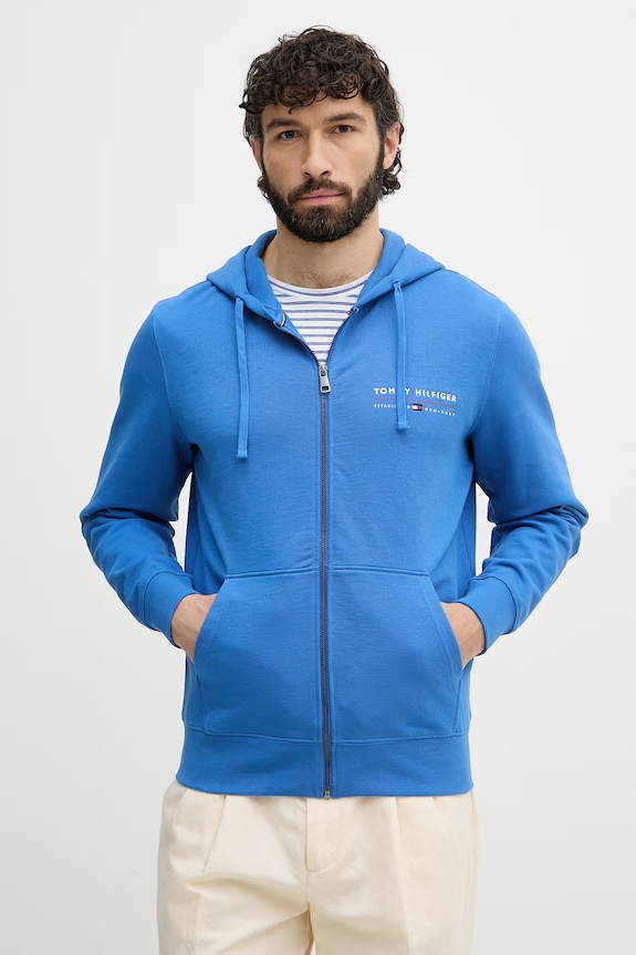 Tommy Hilfiger mikina na zips s kapucňou pánska bavlnená modrá MW0MW42462