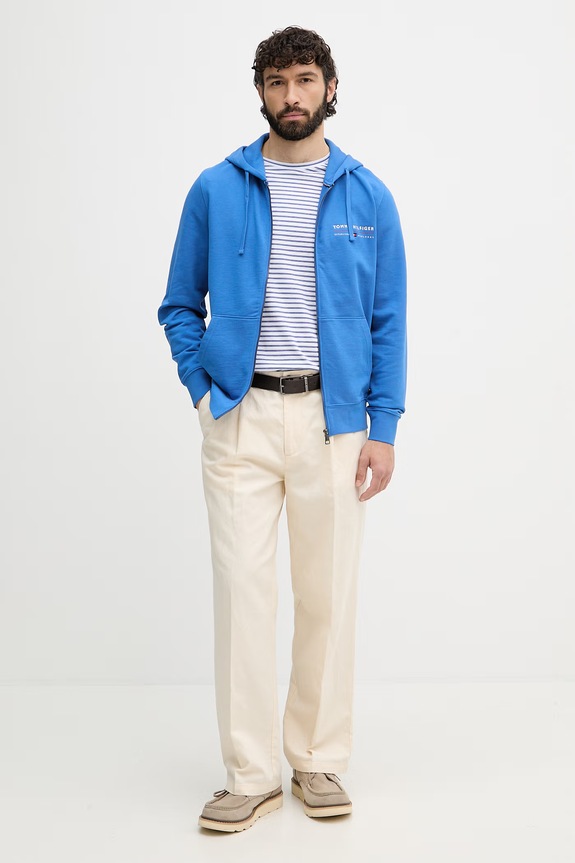 Tommy Hilfiger mikina na zips s kapucňou pánska bavlnená MW0MW42462 modrá SS26
