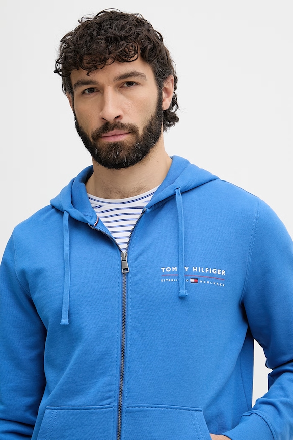 Tommy Hilfiger mikina na zips s kapucňou pánska bavlnená modrá MW0MW42462