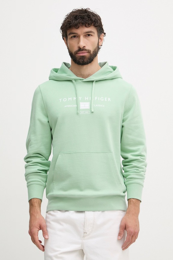 Tommy Hilfiger mikina s kapucňou pánska bavlnená tyrkysová MW0MW42464