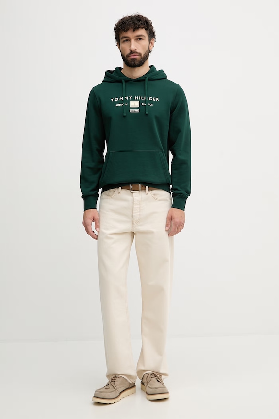 Tommy Hilfiger mikina s kapucňou pánska bavlnená MW0MW42464 zelená SS26
