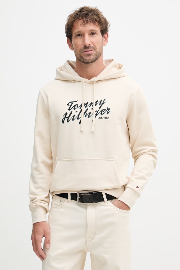 Tommy Hilfiger dukserica sa kapuljačom muška od pamuka bež MW0MW42496