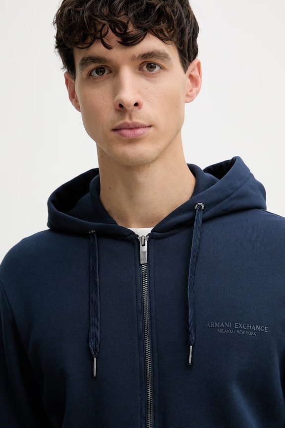 Armani Exchange mikina na zips s kapucňou pánska bavlnená tmavomodrá XM001293.AF20934