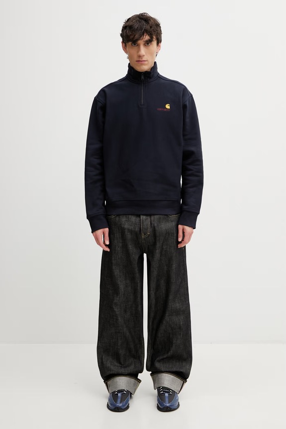 Carhartt WIP Half Zip American Script Sweat bluza z kapturem bawełniana z elastanem męska I027014.J0XX granatowy