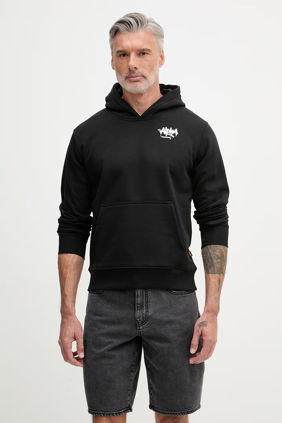 Alpha Industries hanorac cu glugă pentru bărbați, cu bumbac Signature negru 266350