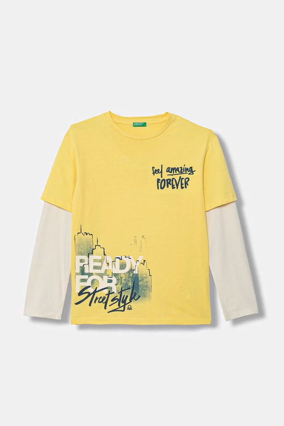 United Colors of Benetton tricou cu mânecă lungă pentru copii, din bumbac galben 3MI5C10SA.G.Stagionale