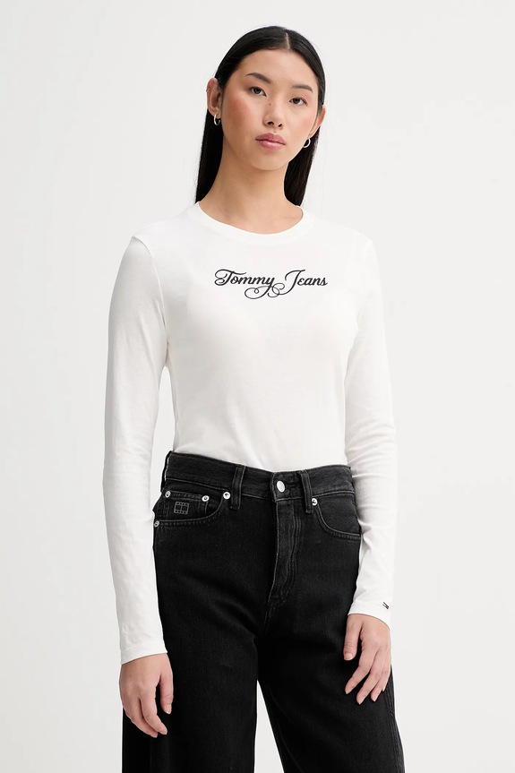 Tommy Jeans longsleeve din bumbac print alb DW0DW21844
