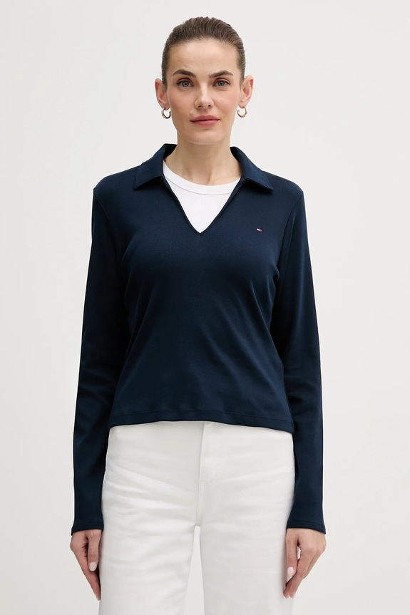 Βαμβακερή μπλούζα με μακριά μανίκια Tommy Hilfiger κανονικό σκούρο μπλε WW0WW47850