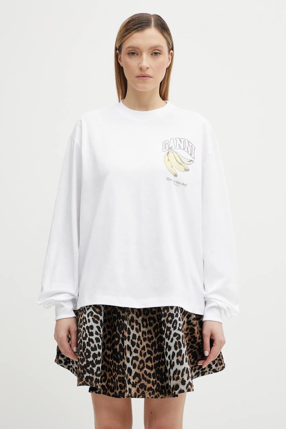GANNI longsleeve damski bawełniany nadruk biały A1050059