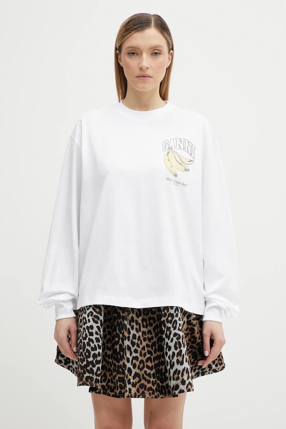 GANNI longsleeve damski bawełniany nadruk biały A1050059