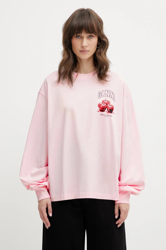 GANNI longsleeve damski bawełniany nadruk różowy A1050059