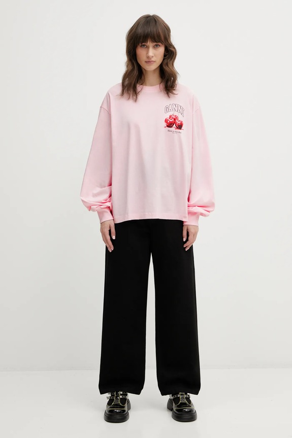 GANNI longsleeve damski bawełniany A1050059 różowy