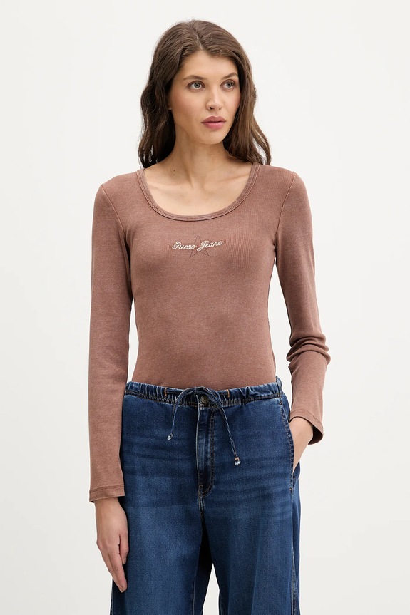 Guess Jeans longsleeve imprimeu maro W6RP24.KA0H1