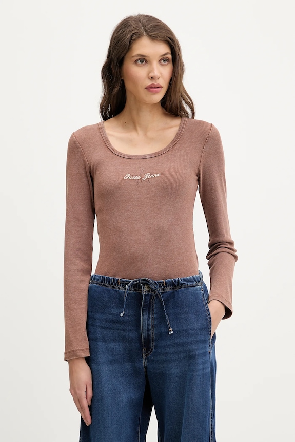 Guess Jeans longsleeve imprimeu maro W6RP24.KA0H1