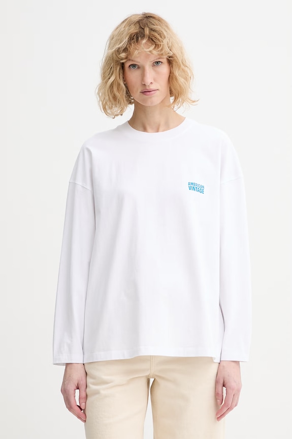 American Vintage longsleeve din bumbac print alb GIX02C