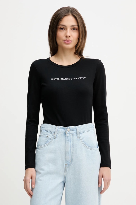 United Colors of Benetton longsleeve din bumbac print negru 3GA8E16G0