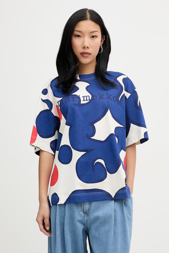 Marimekko T-shirt damski bawełniany niebieski 095069