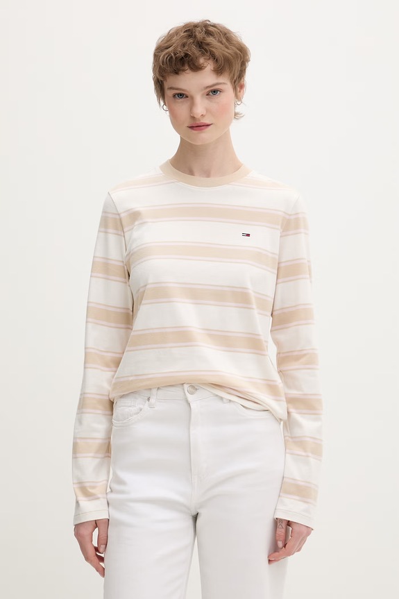 Tommy Jeans Tričko s dlhým rukávom dámske bavlnené béžová DW0DW21835