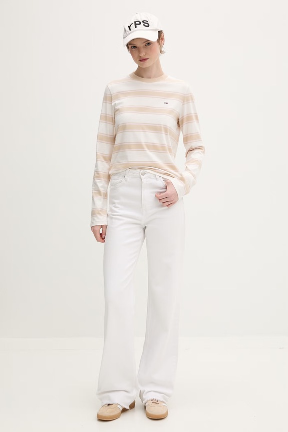 Tommy Jeans Tričko s dlhým rukávom dámske bavlnené DW0DW21835 béžová SS26