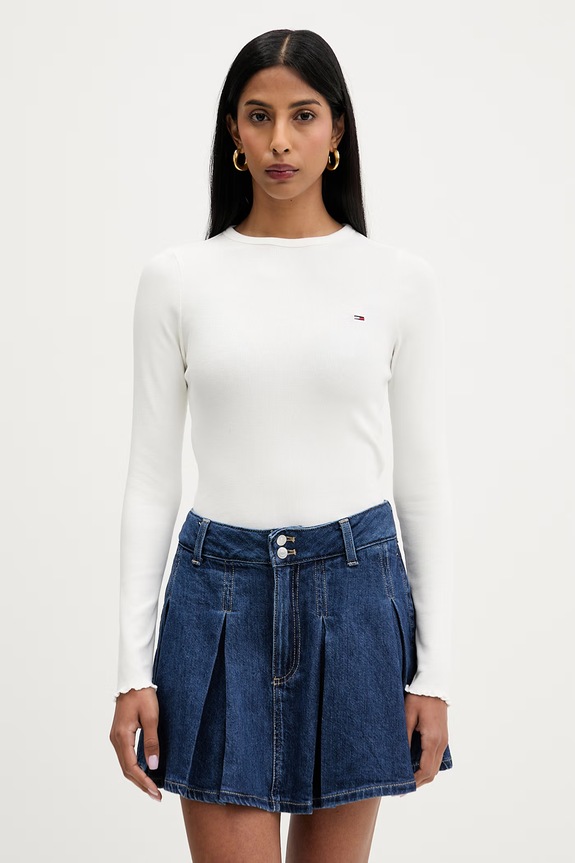 Tommy Jeans tričko s dlouhým rukávem dámské bavlněné s elastanem béžová DW0DW22783