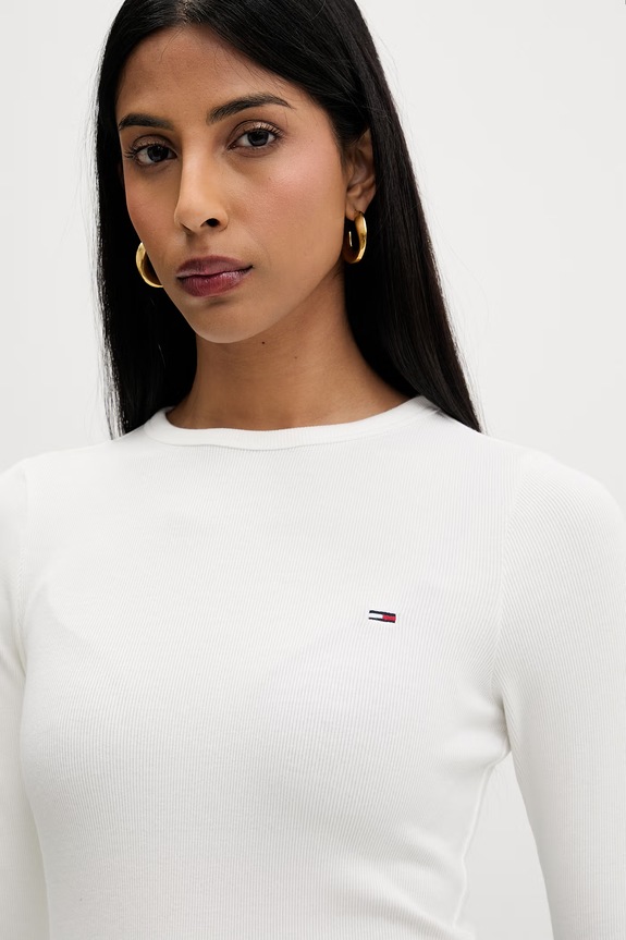Tommy Jeans tričko s dlouhým rukávem dámské bavlněné s elastanem béžová DW0DW22783