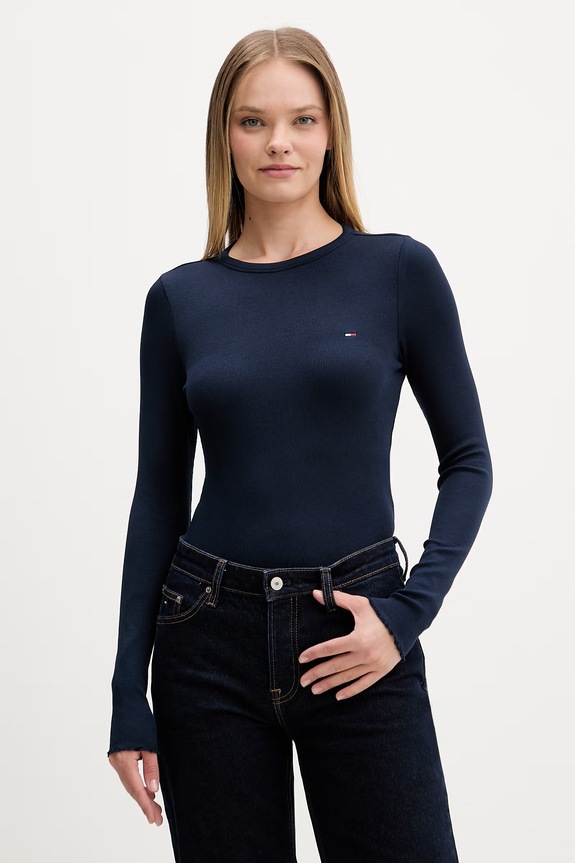 Tommy Jeans majica z dolgimi rokavi ženska bombažna z elastanom mornarsko modra DW0DW22783