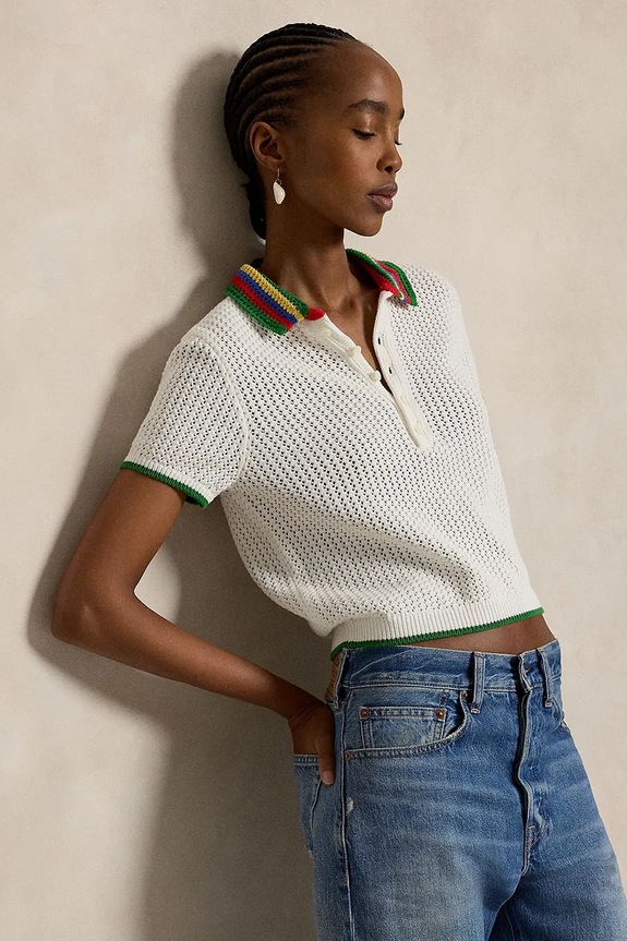 Polo Ralph Lauren dámsky sveter s bavlnou COTTON BLEND-SWEATER-POLO biela 211A12725001