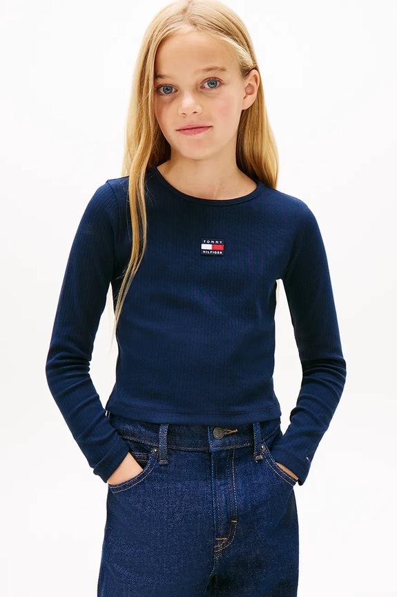 Dječja majica dugih rukava Tommy Hilfiger natpis mornarsko plava KG0KG09065.128.176.PPY2