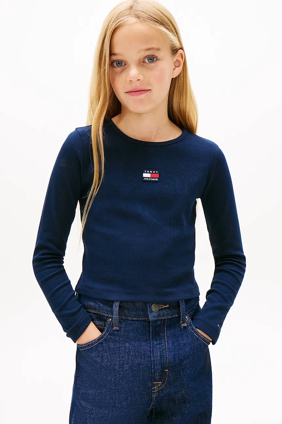 Dječja majica dugih rukava Tommy Hilfiger natpis mornarsko plava KG0KG09065.128.176.PPY2