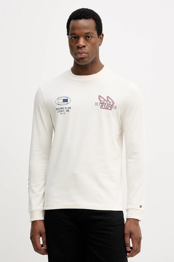 Bombažna majica z dolgimi rokavi Tommy Hilfiger Potisk bež MW0MW41467