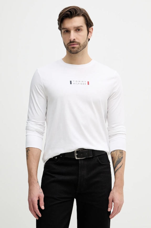Bavlnené tričko s dlhým rukávom Tommy Hilfiger potlač biela MW0MW41454
