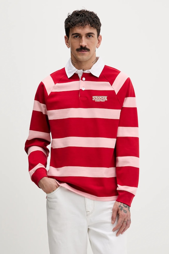 Bavlněné tričko s dlouhým rukávem United Colors of Benetton x Stranger Things propínací burgundské 3T6YU302P