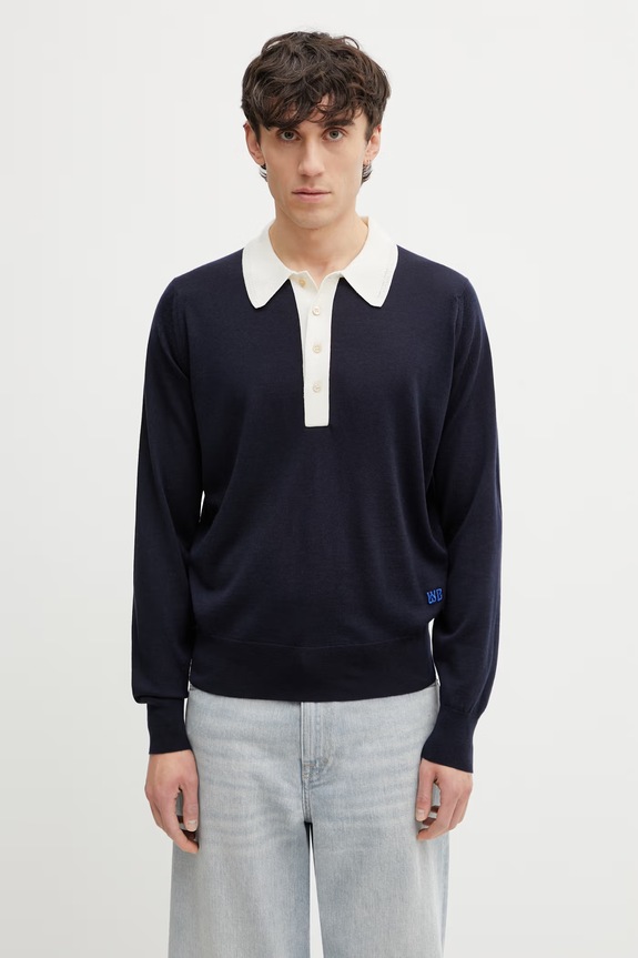 Wales Bonner Henry a maniche lunghe da uomo in lana blu navy US26KNS4877.WO04.591