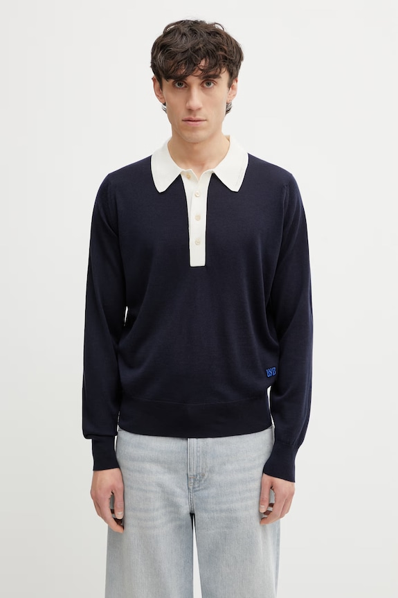 Wales Bonner Henry a maniche lunghe da uomo in lana blu navy US26KNS4877.WO04.591