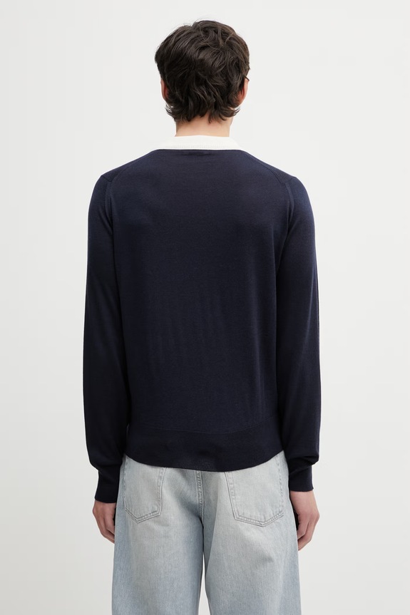 Abbigliamento Wales Bonner Henry a maniche lunghe da uomo in lana US26KNS4877.WO04.591 blu navy