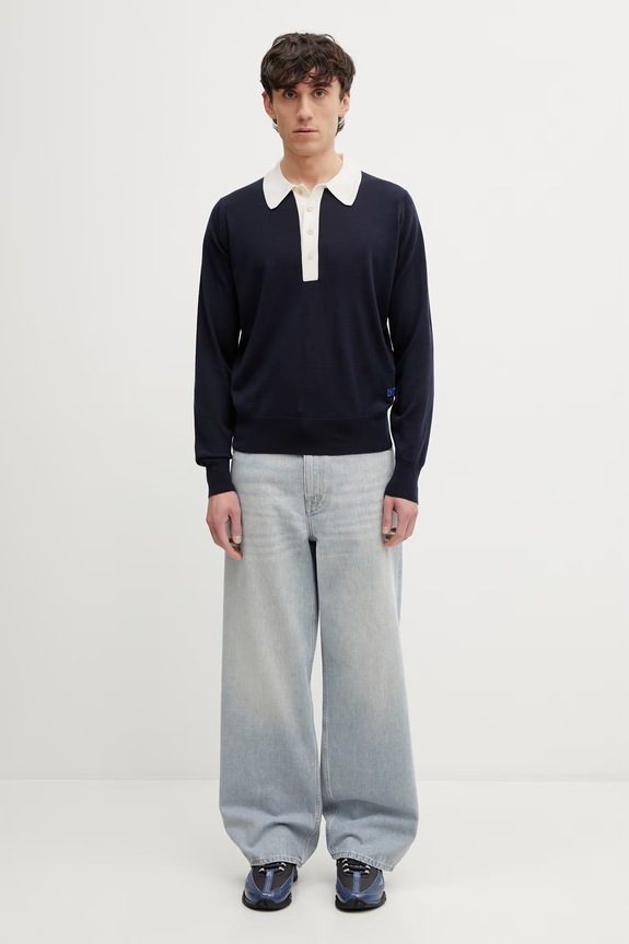 Wales Bonner Henry a maniche lunghe da uomo in lana US26KNS4877.WO04.591 blu navy