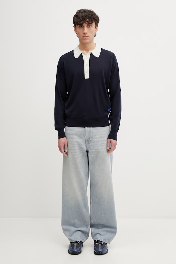 Wales Bonner Henry a maniche lunghe da uomo in lana US26KNS4877.WO04.591 blu navy