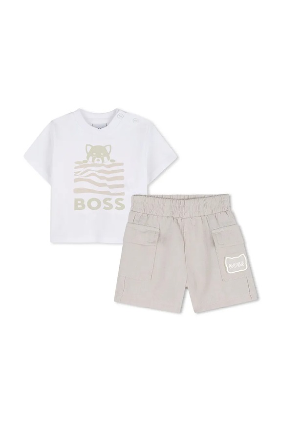 BOSS komplet z dodatkiem lnu niemowlęcy nadruk biały J53050