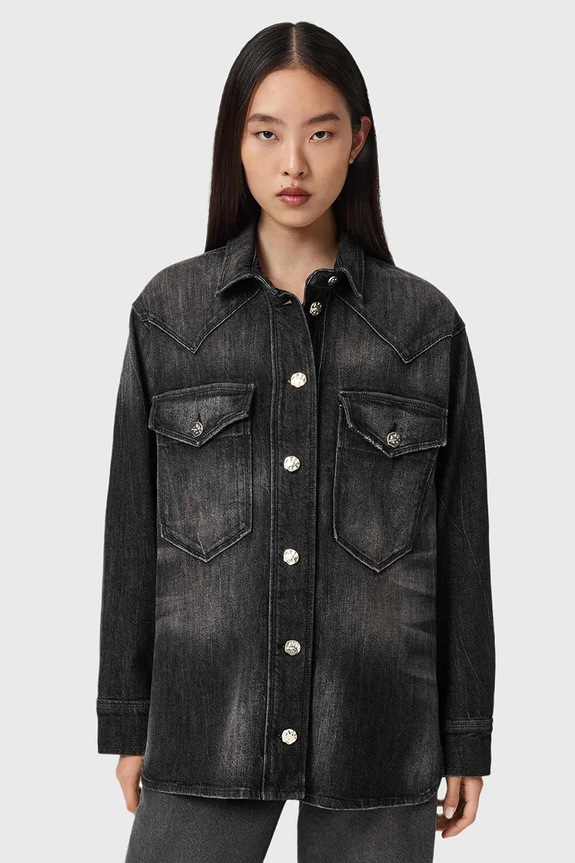AllSaints cămașă jeans lung negru W094PD