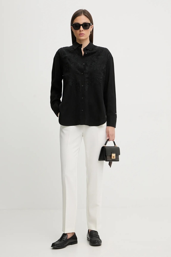 Košeľa s prímesou ľanu Tommy Hilfiger WW0WW48187 čierna SS26