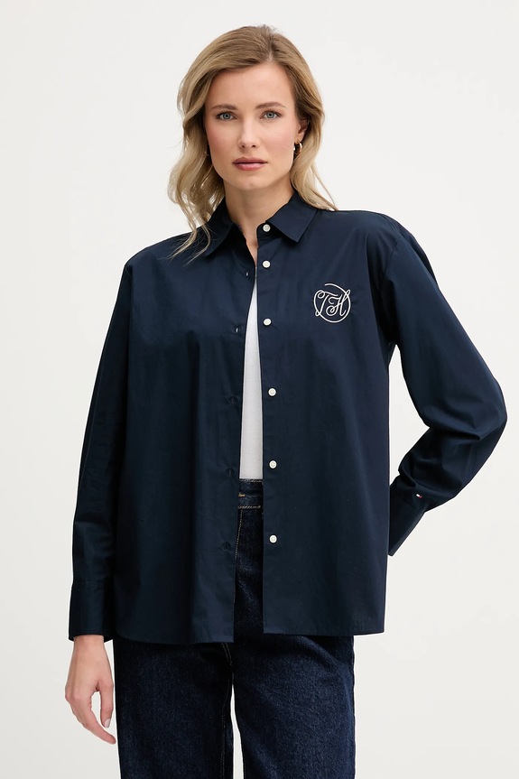 Βαμβακερό πουκάμισο Tommy Hilfiger μακρύ σκούρο μπλε WW0WW48190