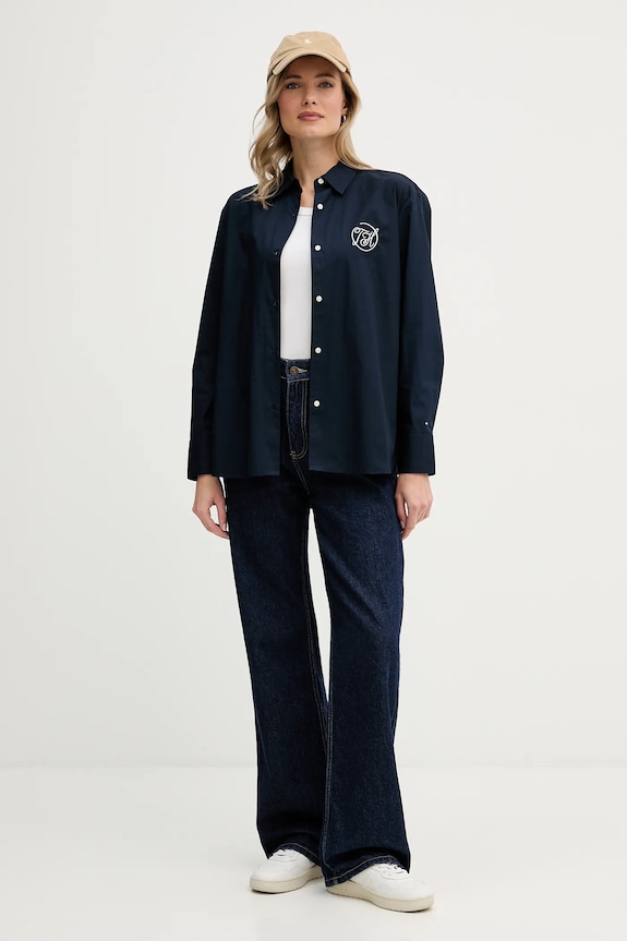 Βαμβακερό πουκάμισο Tommy Hilfiger WW0WW48190 σκούρο μπλε SS26